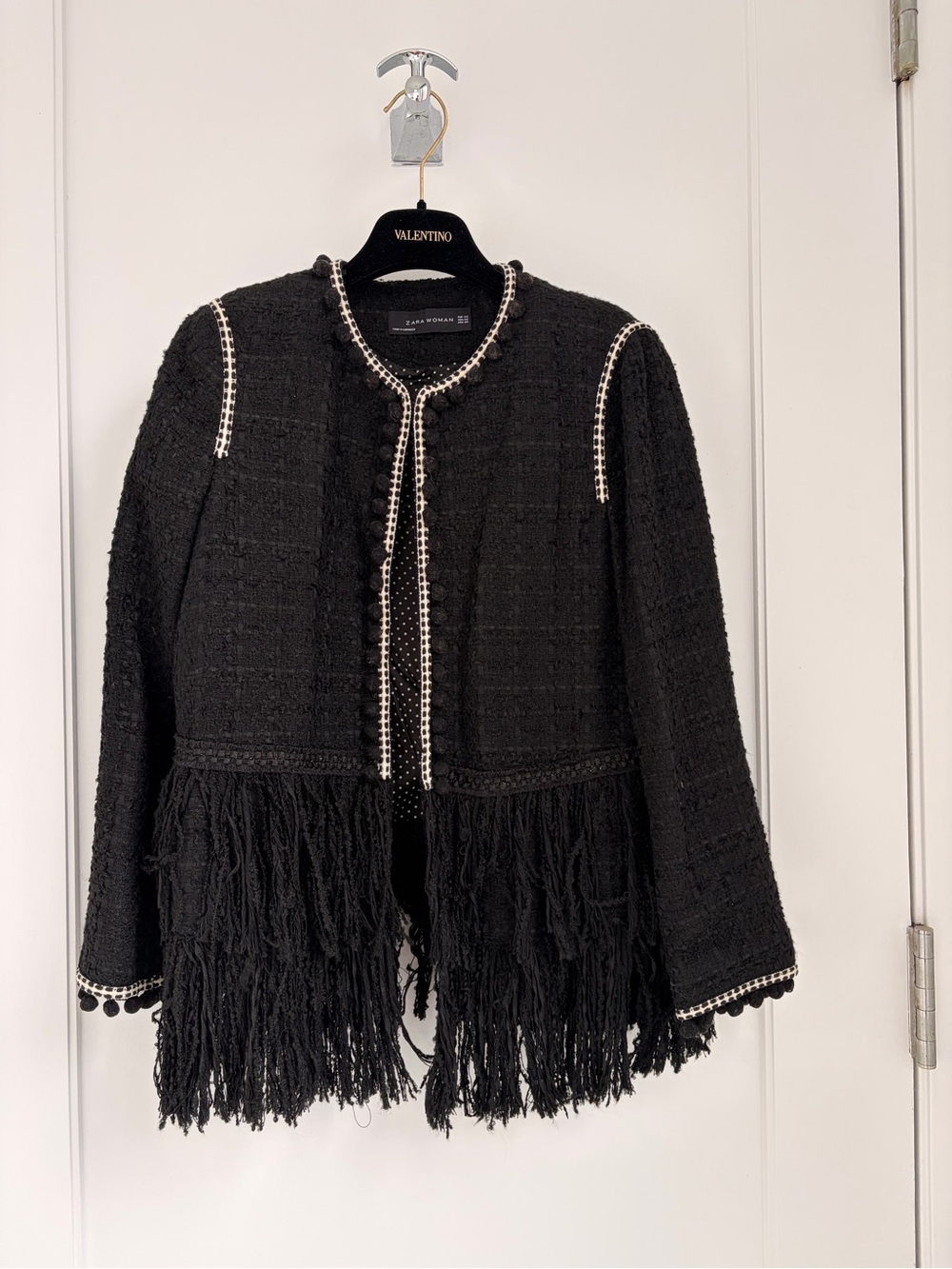 Zara Black Tweed Fringe Blazer with White Trim